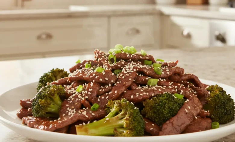 Beef and broccoli stir-fry with sesame seeds and green onions on a white plate.