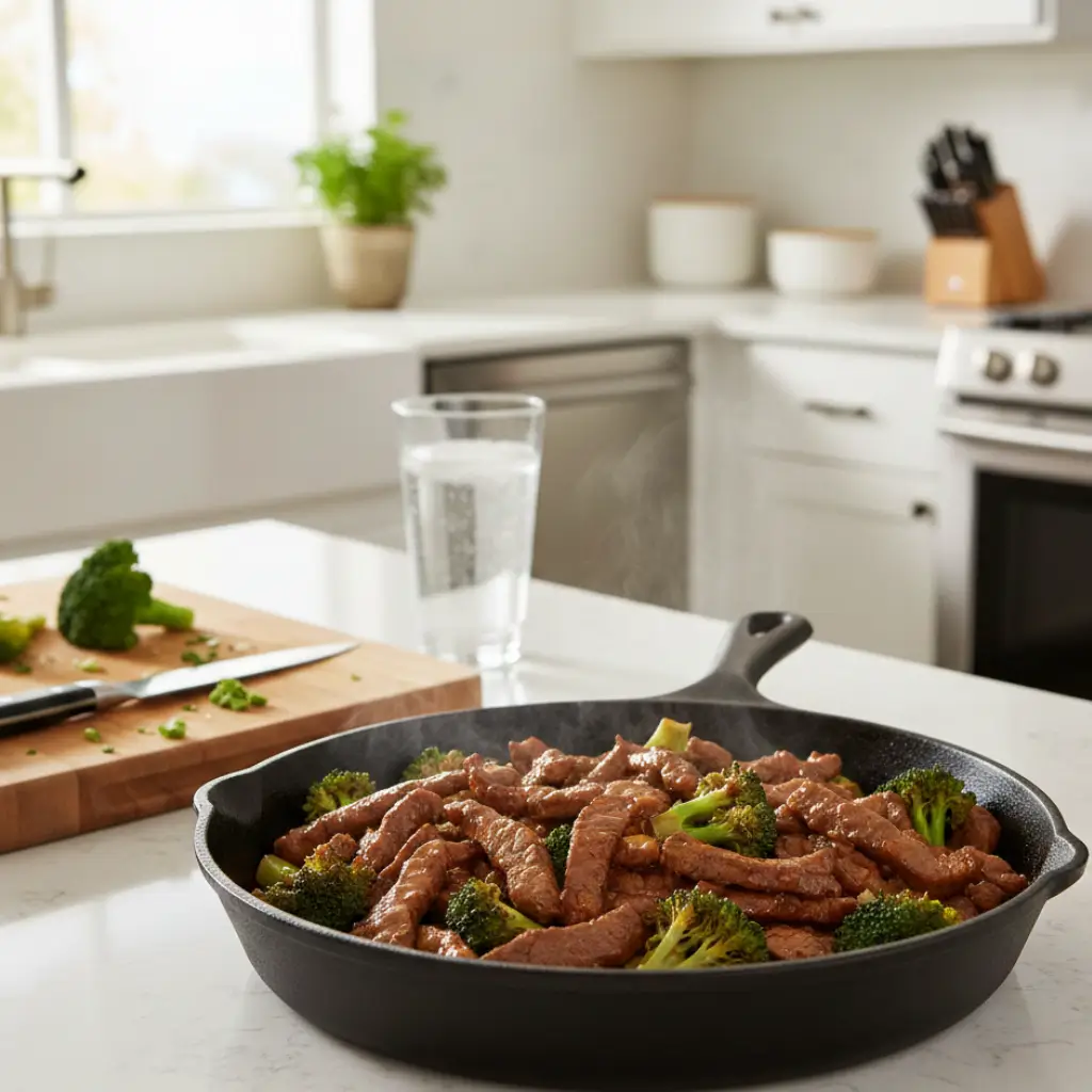 Beef and broccoli stir-fry in a cast iron skillet on a kitchen countertop."Title: "Beef and Broccoli Stir-Fry in a Cast Iron Skillet