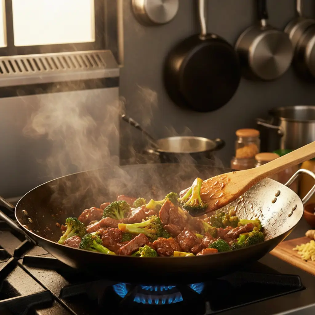 Beef and broccoli stir-fry being cooked in a wok on a stovetop with steam rising.