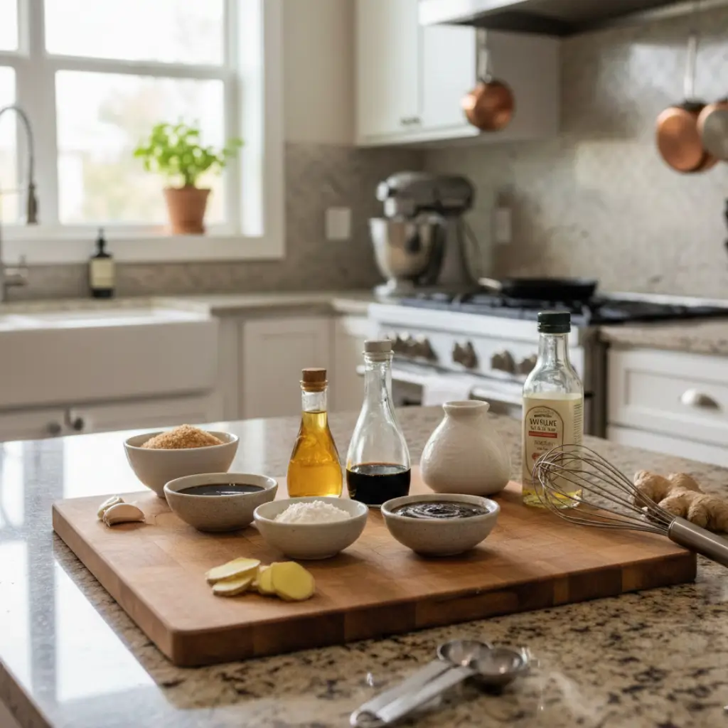 Ingredients for beef and broccoli recipe laid out on a kitchen counter, including soy sauce, ginger, garlic, and other seasonings.
