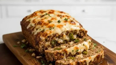 Philly Cheesesteak Stuffed Meatloaf with melted cheese and green peppers on a wooden board