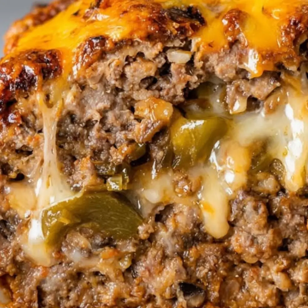Close-up of Philly Cheesesteak Stuffed Meatloaf with melted cheese and green bell peppers inside