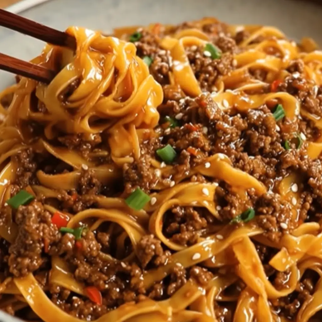 Close-up of Mongolian Noodles with Ground Beef, being lifted with chopsticks. The dish is garnished with green onions, sesame seeds, and red chili flakes.