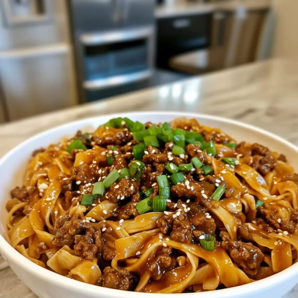 Close-up of Mongolian Noodles with Ground Beef, garnished with green onions and sesame seeds, served in a white bowl on a kitchen countertop.
