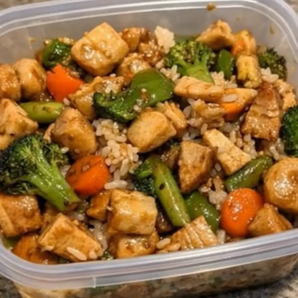 A close-up of Chicken Teriyaki Stir Fry with tender chicken pieces, vibrant broccoli, carrots, and snap peas, served over rice in a clear container.