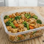 A delicious serving of Chicken Teriyaki Stir Fry with broccoli, carrots, and snap peas over a bed of rice, all neatly packed in a clear container.