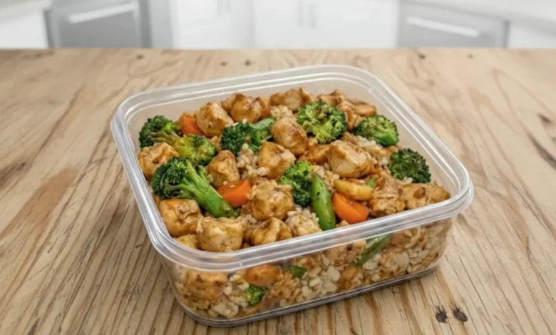 A delicious serving of Chicken Teriyaki Stir Fry with broccoli, carrots, and snap peas over a bed of rice, all neatly packed in a clear container.