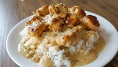 Smothered chicken and rice topped with creamy gravy on a white plate