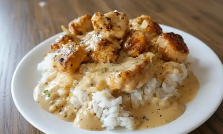 Smothered chicken and rice topped with creamy gravy on a white plate