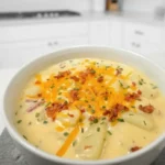 Creamy loaded potato soup in a white bowl topped with shredded cheddar, crispy bacon, and chives in a bright kitchen