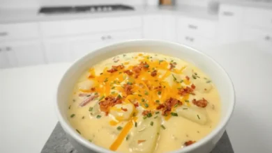 Creamy loaded potato soup in a white bowl topped with shredded cheddar, crispy bacon, and chives in a bright kitchen