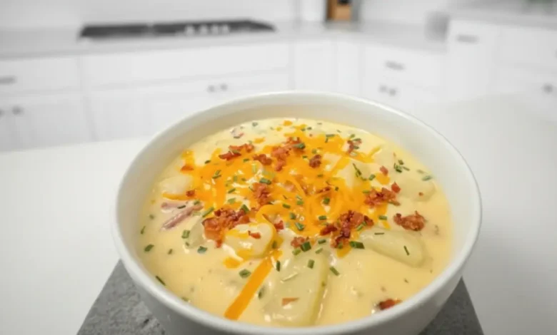 Creamy loaded potato soup in a white bowl topped with shredded cheddar, crispy bacon, and chives in a bright kitchen
