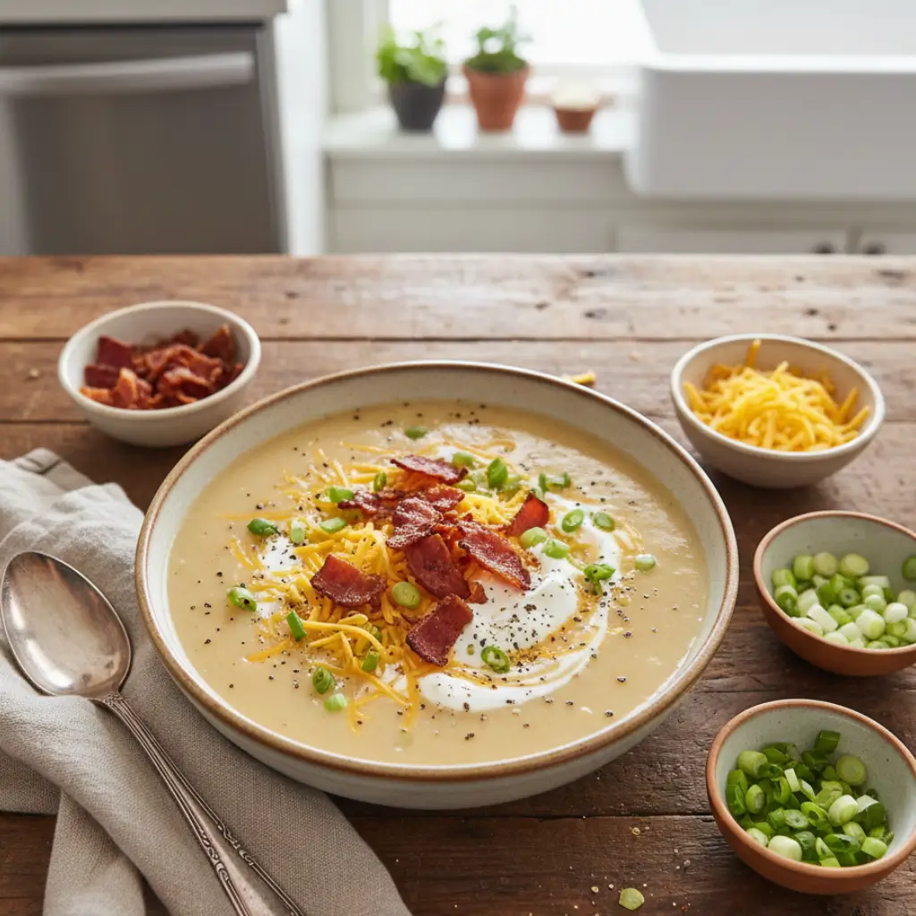 Creamy loaded potato soup in a bowl topped with bacon, cheddar cheese, sour cream, and green onions on a rustic kitchen table
