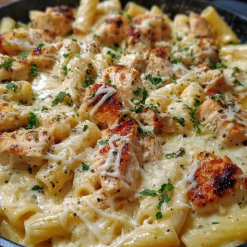 Creamy parmesan garlic chicken pasta with rigatoni, browned chicken chunks, melted parmesan, and parsley in a skillet