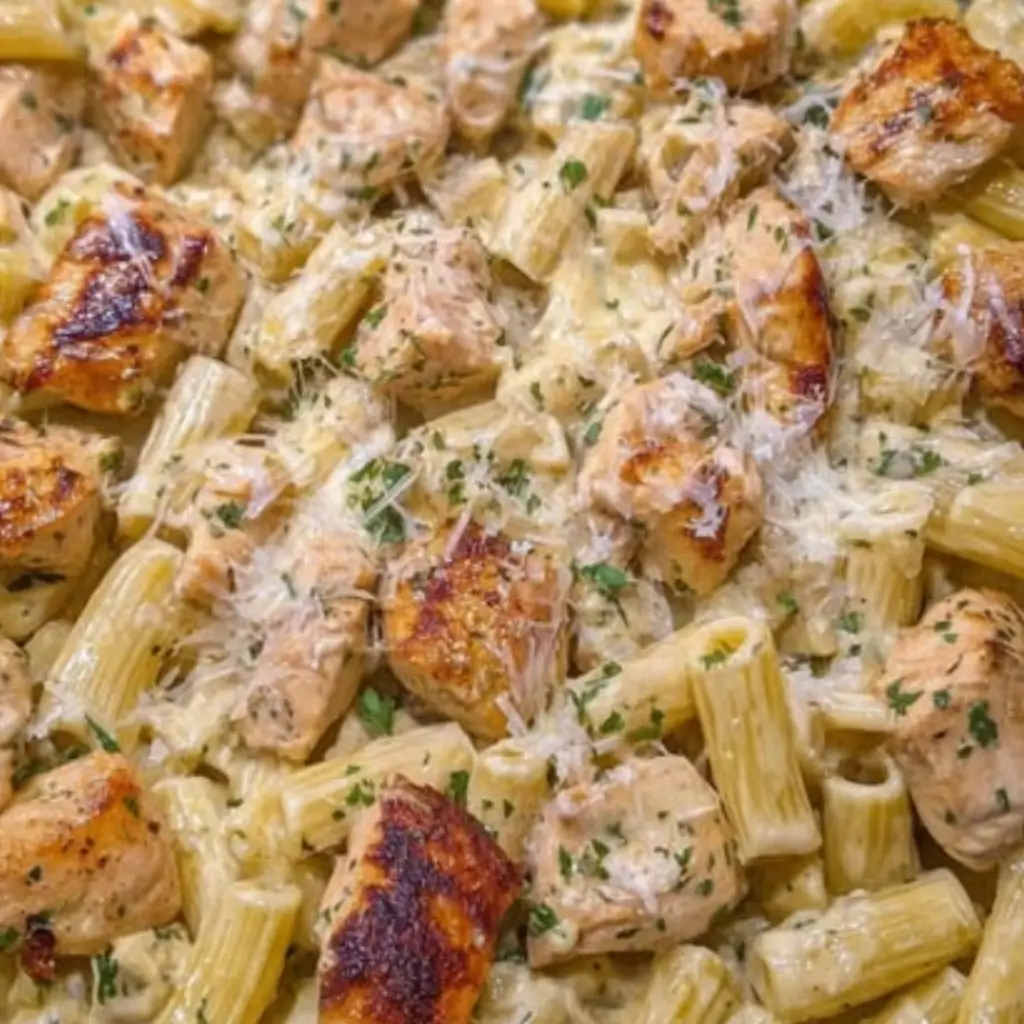 Close-up of parmesan garlic chicken pasta with rigatoni, seared chicken pieces, and grated parmesan in a creamy sauce