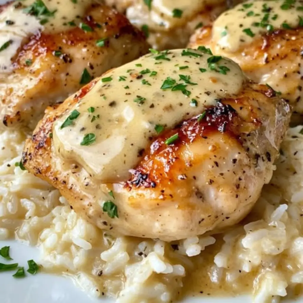 Smothered chicken thighs with creamy gravy over white rice
