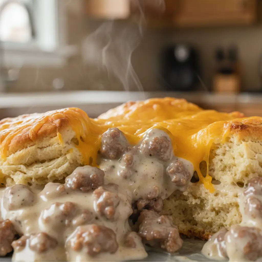 Close-up of biscuits and gravy casserole with flaky biscuit layers, creamy sausage gravy, and melted cheddar cheese steaming in a kitchen.