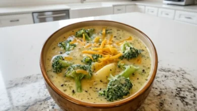 A close-up of creamy broccoli cheese soup in a rustic bowl with melted cheddar cheese on top, served with fresh broccoli and a sprinkle of black pepper.