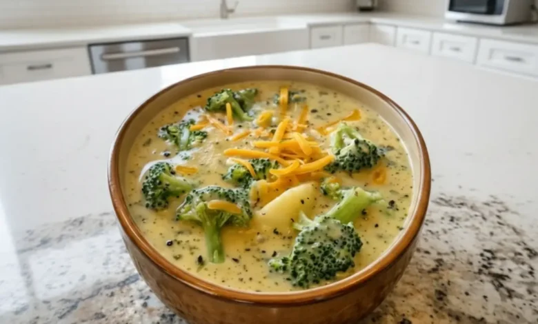 A close-up of creamy broccoli cheese soup in a rustic bowl with melted cheddar cheese on top, served with fresh broccoli and a sprinkle of black pepper.
