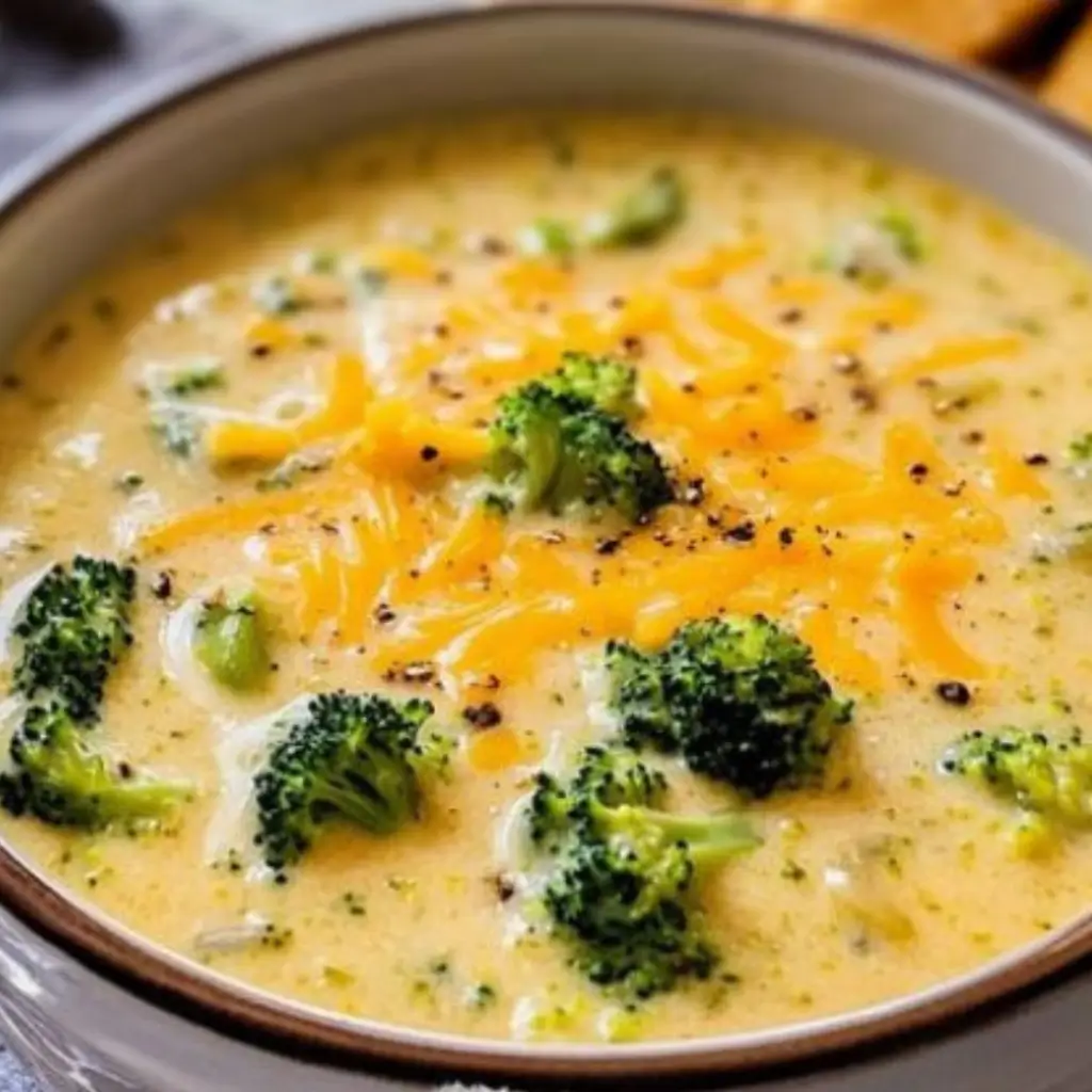 Close-up of creamy broccoli cheese soup topped with melted cheddar cheese and fresh broccoli florets, sprinkled with black pepper for added flavor.