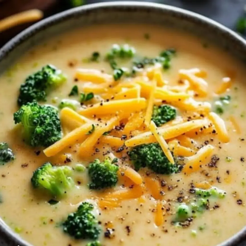 A close-up of creamy broccoli cheese soup topped with shredded cheddar cheese and fresh broccoli florets, seasoned with black pepper and garnished with herbs.