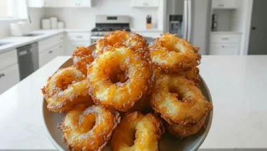 Pineapple Fritters in a plate and kitchen in the background