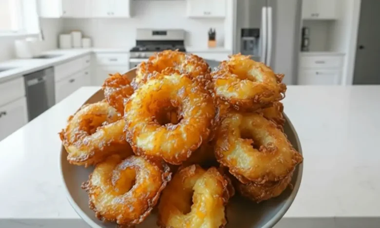 Pineapple Fritters in a plate and kitchen in the background