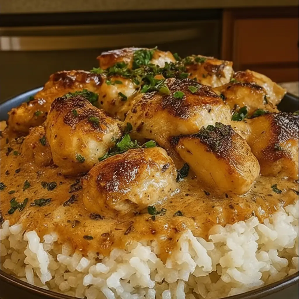 Golden smothered chicken with savory brown gravy served over white rice