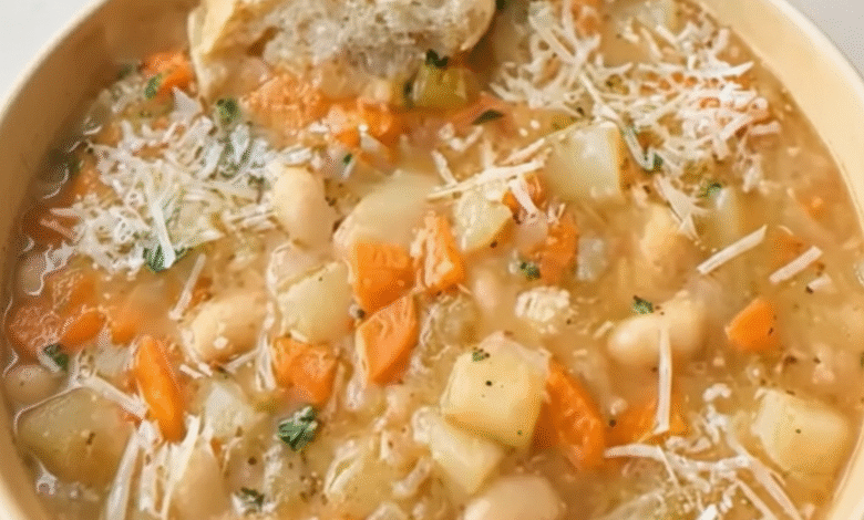 Close-up of slow cooker white bean soup with carrots, potatoes, grated Parmesan cheese, and a slice of crusty bread on top.