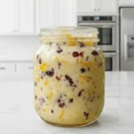Homemade cranberry honey butter in a glass jar with dried cranberries and orange zest on a white marble kitchen counter.