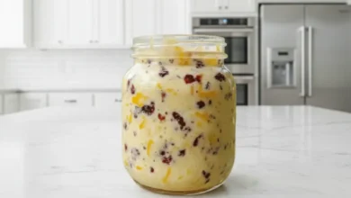 Homemade cranberry honey butter in a glass jar with dried cranberries and orange zest on a white marble kitchen counter.