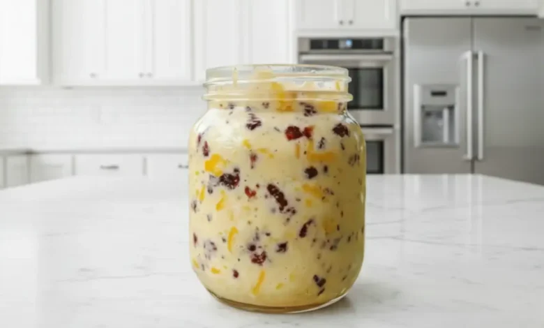 Homemade cranberry honey butter in a glass jar with dried cranberries and orange zest on a white marble kitchen counter.