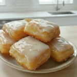 Plate of freshly made buttermilk beignets topped with sweet glaze on a kitchen countertop