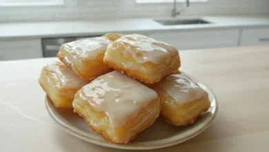 Plate of freshly made buttermilk beignets topped with sweet glaze on a kitchen countertop