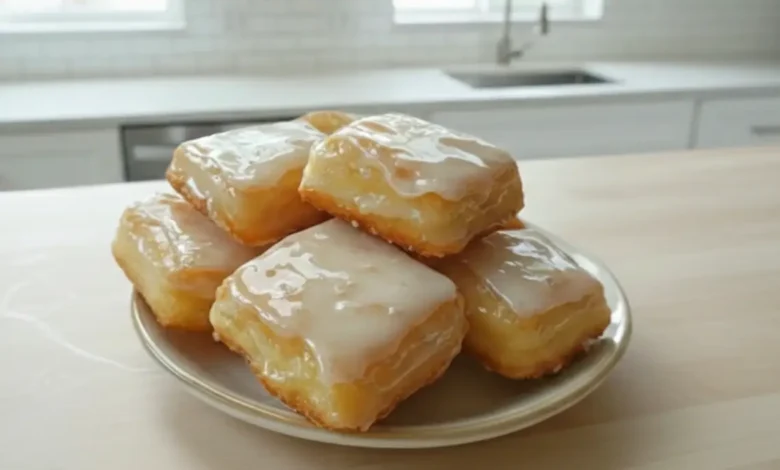 Plate of freshly made buttermilk beignets topped with sweet glaze on a kitchen countertop