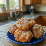 Freshly baked apple fritters with a golden crispy exterior and a sweet glaze on top, arranged on a blue plate with a rustic wooden background.