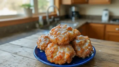 Freshly baked apple fritters with a golden crispy exterior and a sweet glaze on top, arranged on a blue plate with a rustic wooden background.