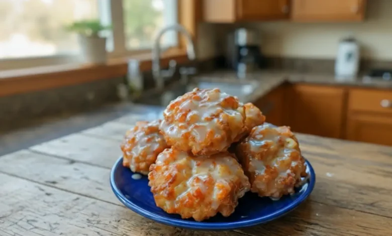 Freshly baked apple fritters with a golden crispy exterior and a sweet glaze on top, arranged on a blue plate with a rustic wooden background.