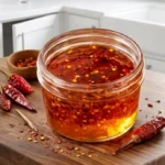 A jar of homemade hot honey infused with chili flakes, sitting on a wooden countertop surrounded by dried chili peppers.