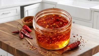 A jar of homemade hot honey infused with chili flakes, sitting on a wooden countertop surrounded by dried chili peppers.