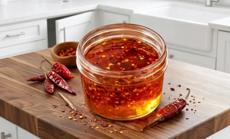 A jar of homemade hot honey infused with chili flakes, sitting on a wooden countertop surrounded by dried chili peppers.