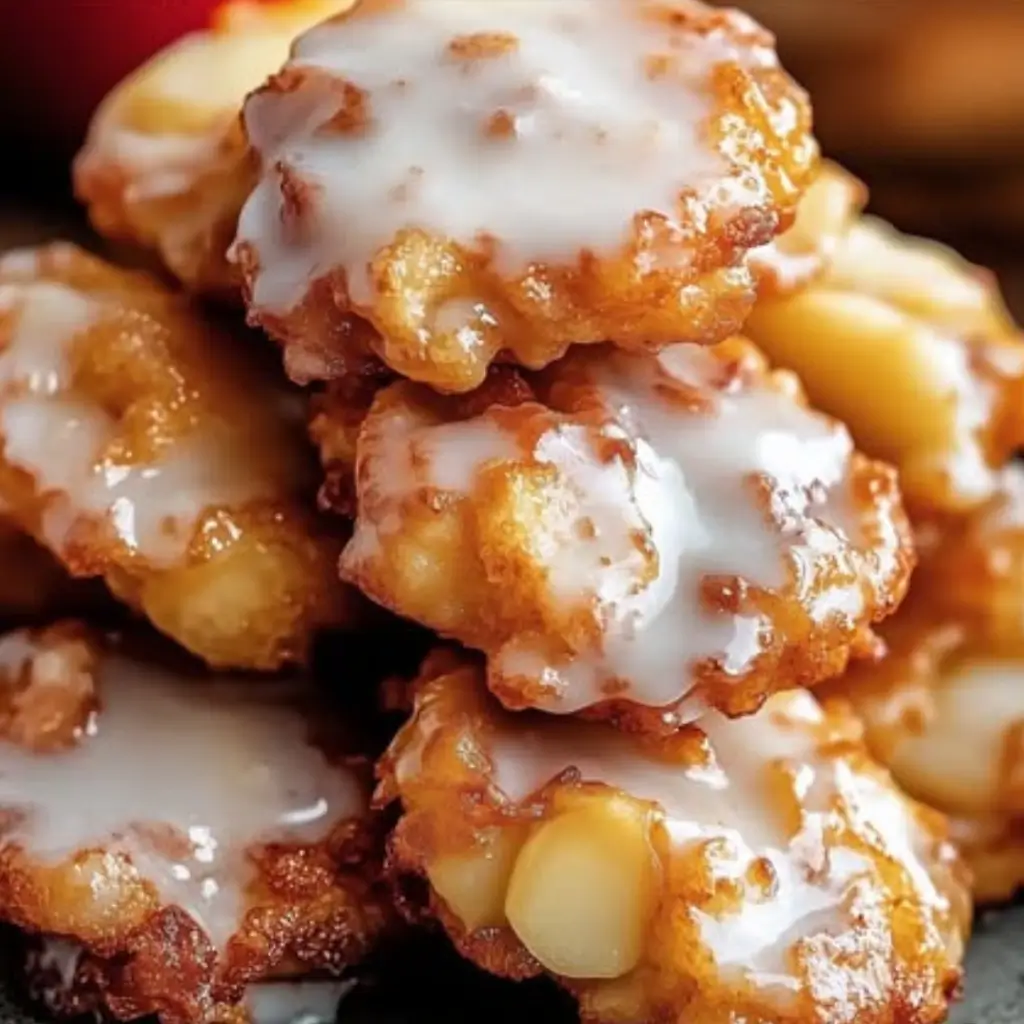 Close-up image of baked apple fritters with a crispy golden-brown exterior and a drizzle of sweet glaze, showcasing a soft interior with apple chunks.