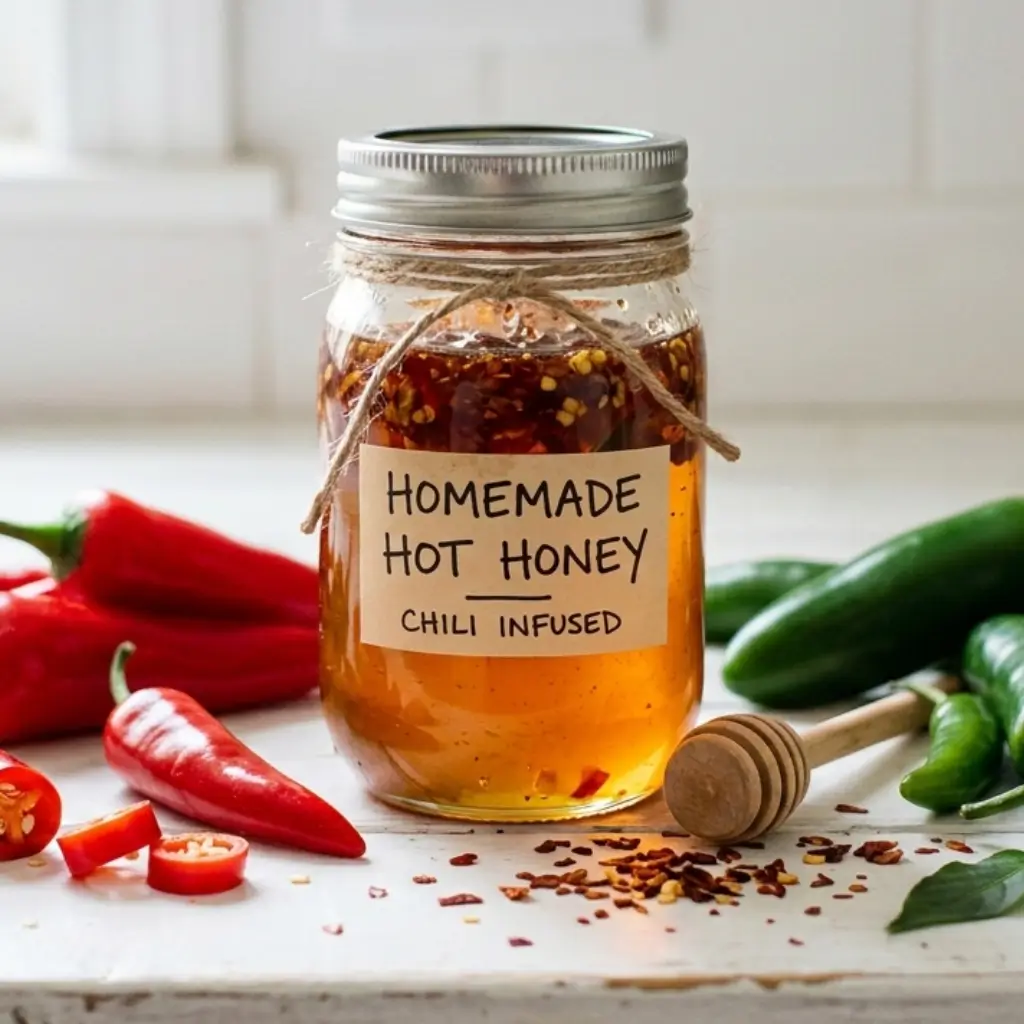 A jar of homemade chili-infused hot honey with a handwritten label, surrounded by fresh chili peppers and a honey dipper on a white countertop.