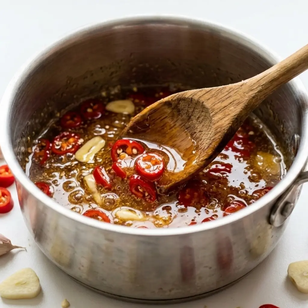 A saucepan with simmering hot honey, sliced red chili peppers, and garlic cloves. A wooden spoon stirs the mixture, highlighting the infusion process.