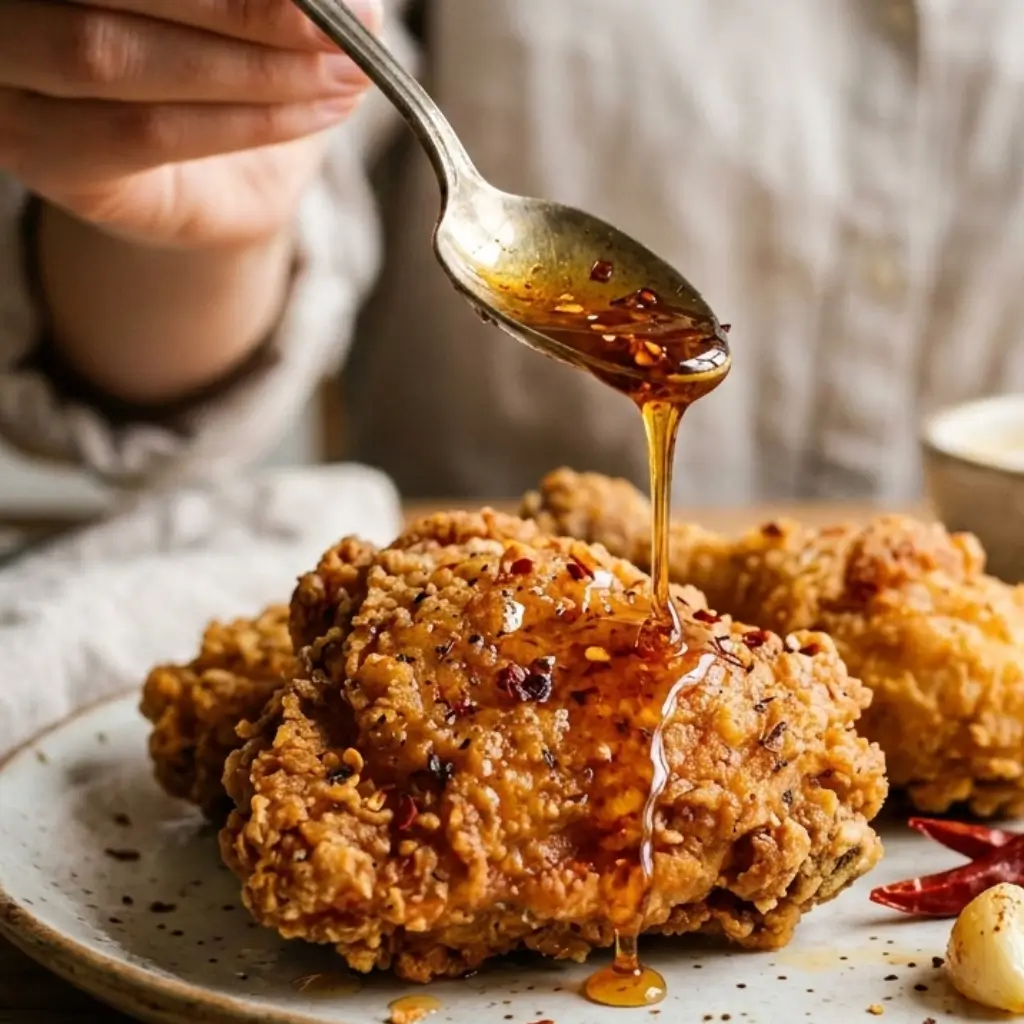 A spoon pouring homemade hot honey over crispy fried chicken, with chili flakes visible on the chicken and a warm, rustic background.