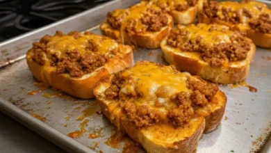 Garlic toast sloppy joes topped with seasoned ground beef and melted cheddar cheese on a baking sheet.