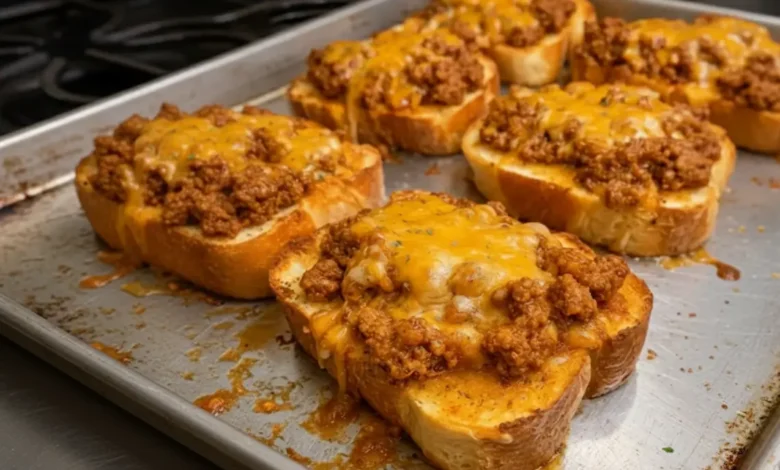 Garlic toast sloppy joes topped with seasoned ground beef and melted cheddar cheese on a baking sheet.