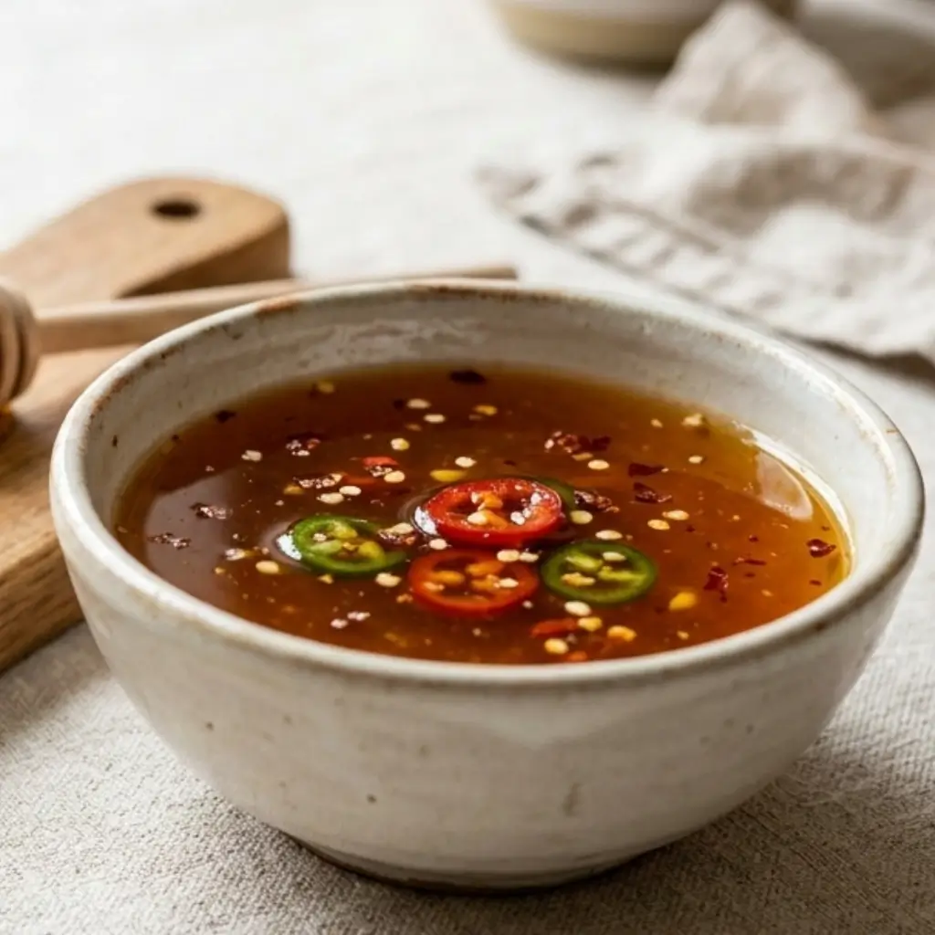 A bowl of hot honey with sliced red and green chili peppers and chili flakes, surrounded by a honey dipper on a beige cloth background.