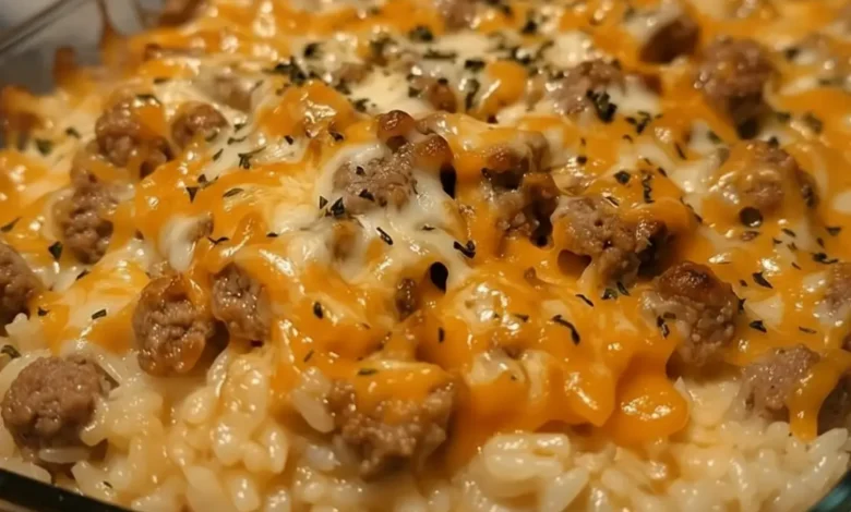 Close-up of Cheesy Ground Beef and Rice Casserole with melted cheese, ground beef, and a sprinkle of herbs on top.