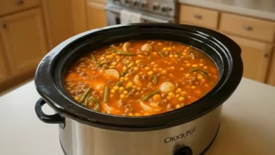 Crockpot Ground Beef Vegetable Soup simmering in a slow cooker with carrots, green beans, corn, and potatoes in a modern kitchen.